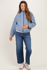 Navy Checkered Plaid Hooded Zip-Up Maternity Jacket