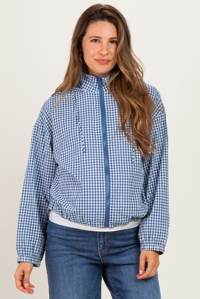 Navy Checkered Plaid Hooded Zip-Up Maternity Jacket