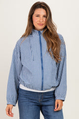 Navy Checkered Plaid Hooded Zip-Up Maternity Jacket