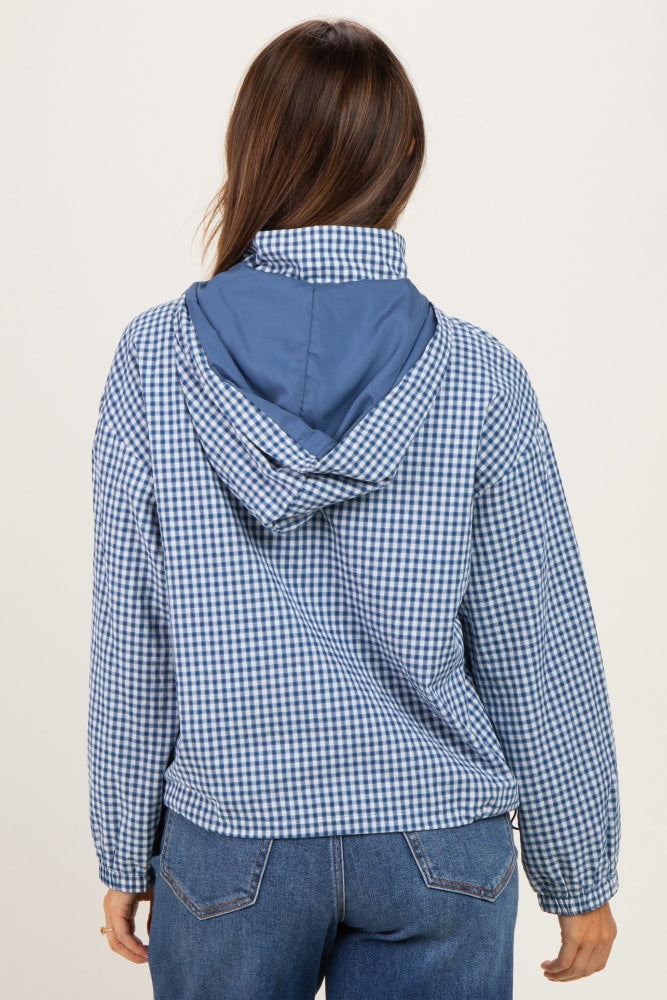Navy Checkered Plaid Hooded Zip-Up Maternity Jacket