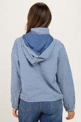 Navy Checkered Plaid Hooded Zip-Up Maternity Jacket