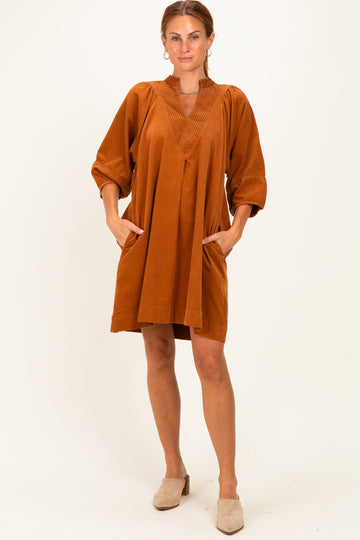 Camel Coduroy Contrast Stitched Dress