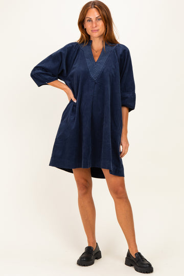 Navy Coduroy Contrast Stitched Dress