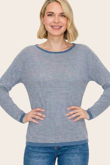 Denim Blue Striped Waffle Knit Sweater