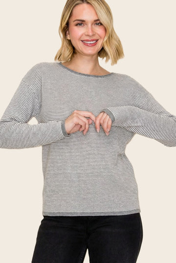 Grey Striped Waffle Knit Sweater
