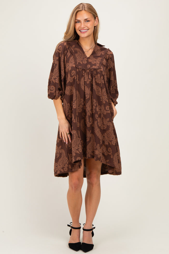 Brown Paisley Puff Sleeve Maternity Dress