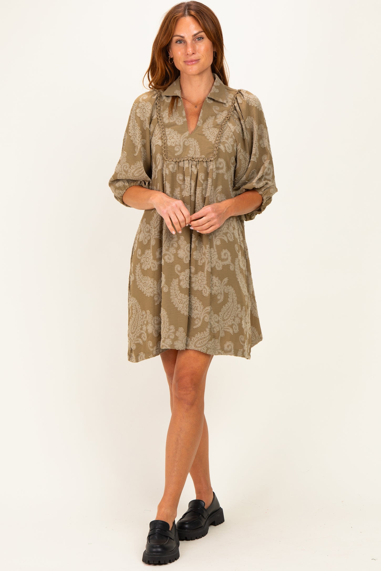 Light Olive Paisley Puff Sleeve Maternity Dress