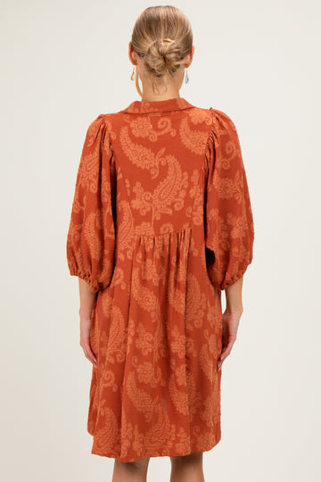 Rust Paisley Puff Sleeve Dress