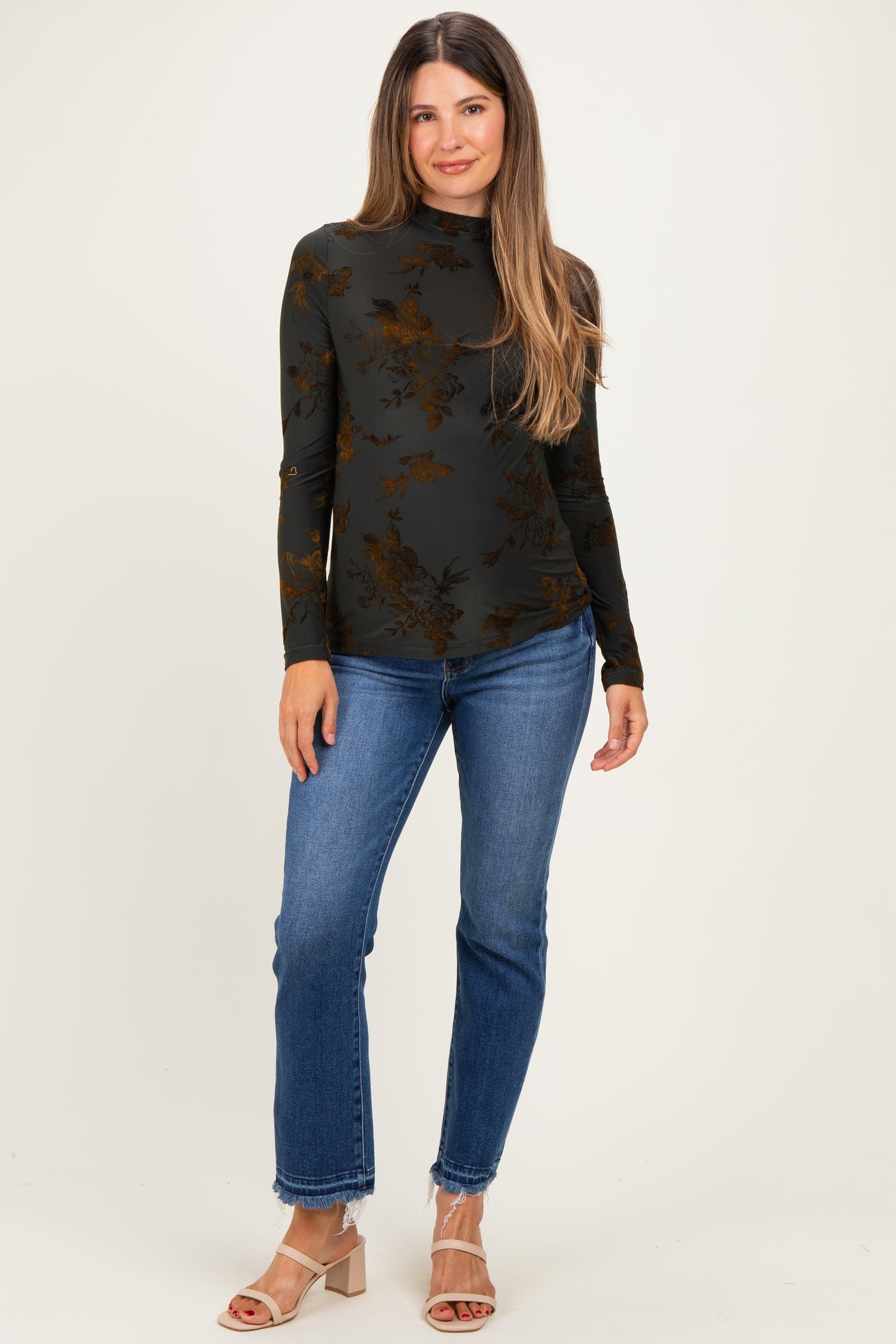 Olive Velvet Floral Mock Neck Maternity Top