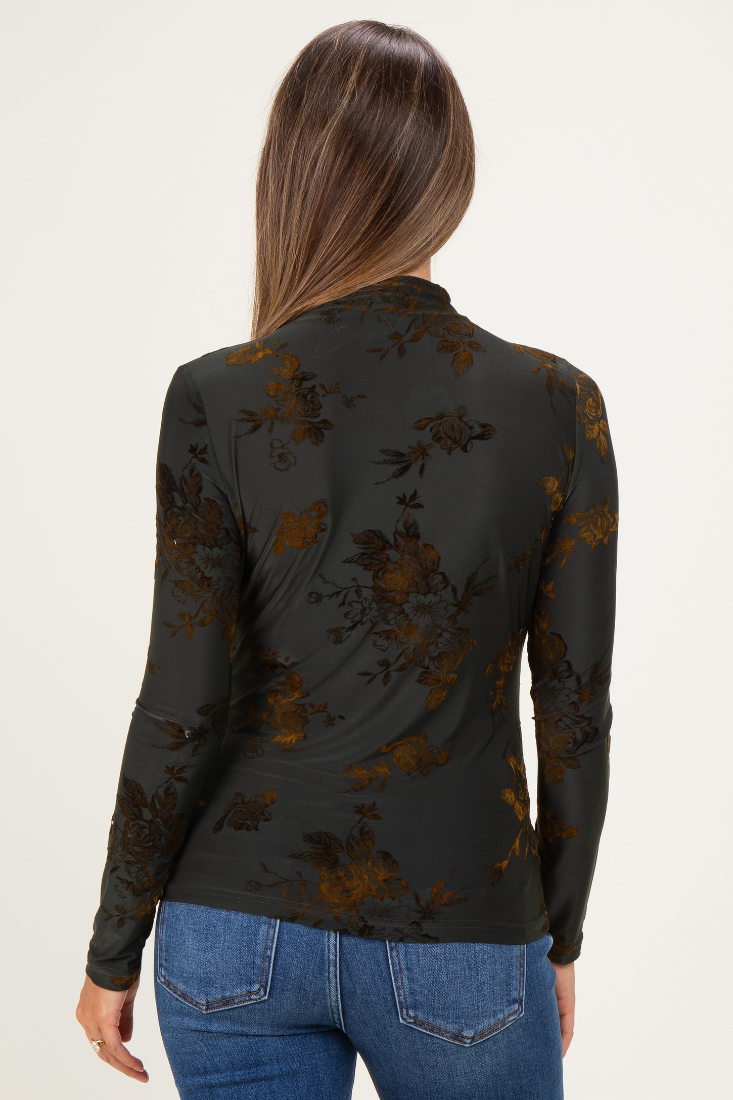 Olive Velvet Floral Mock Neck Maternity Top