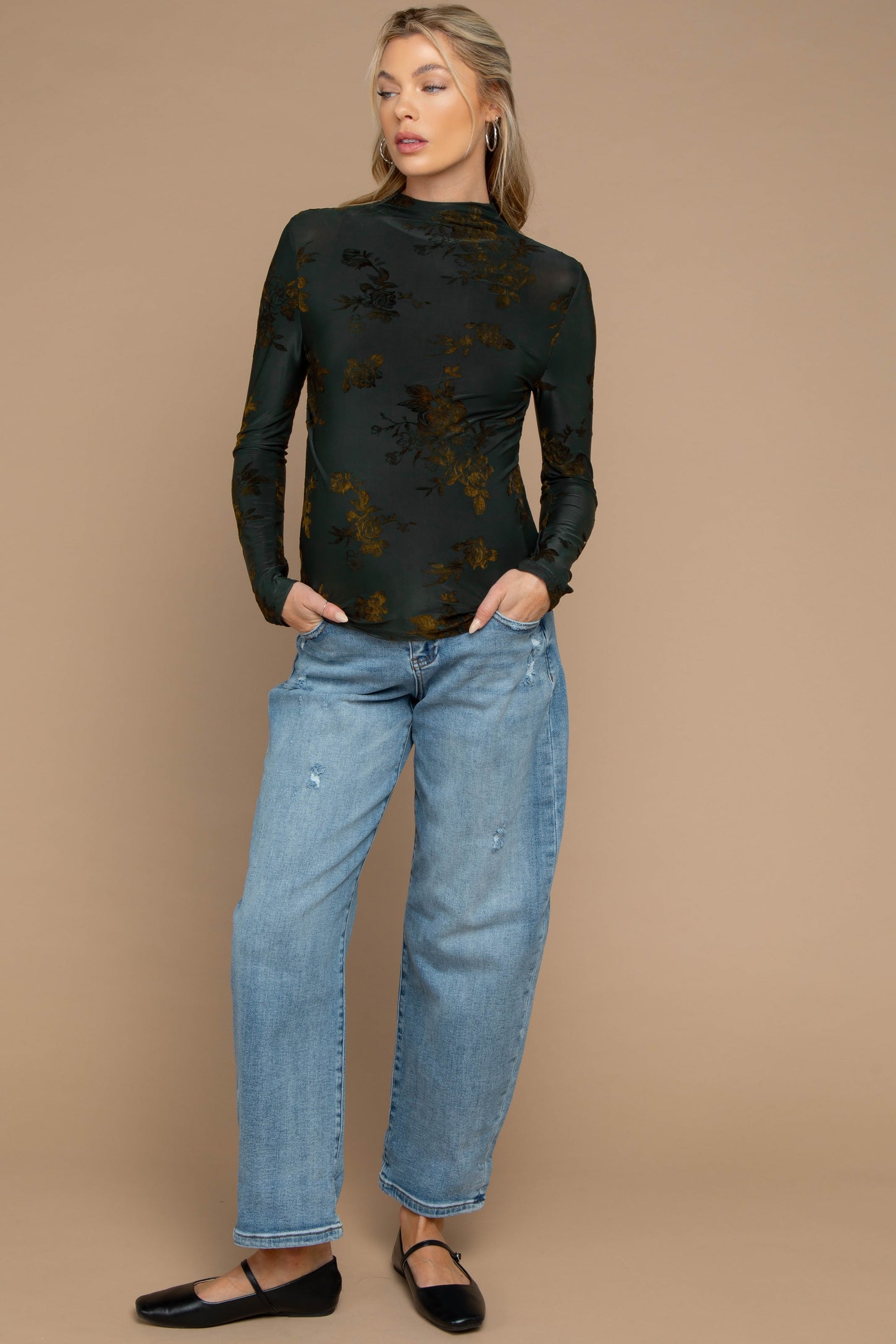 Olive Velvet Floral Mock Neck Maternity Top