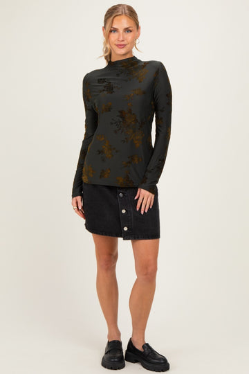 Olive Velvet Floral Mock Neck Top