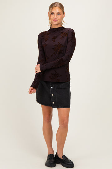Burgundy Velvet Floral Mock Neck Top