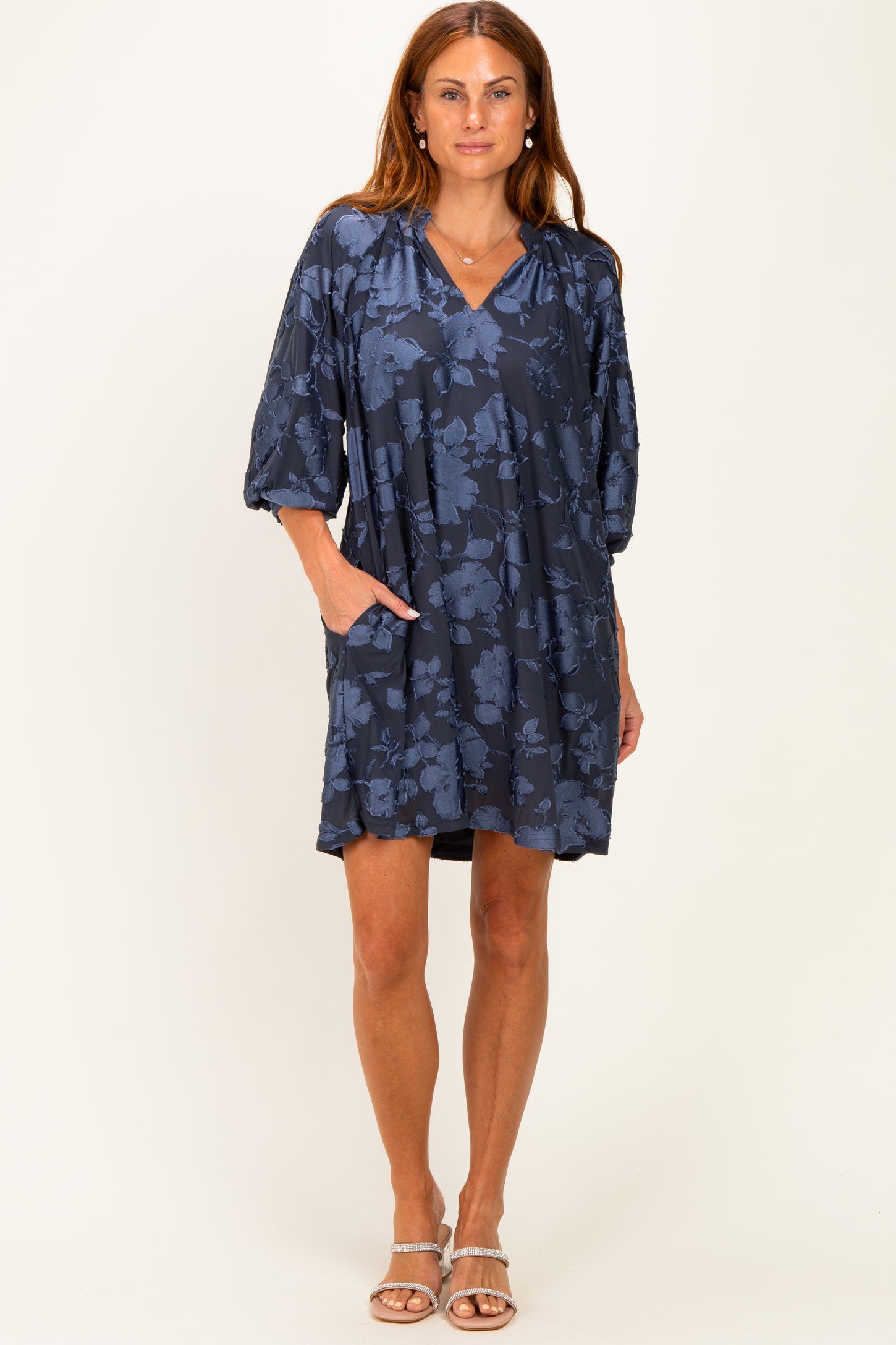 Navy Blue Floral Velvet Dress – PinkBlush