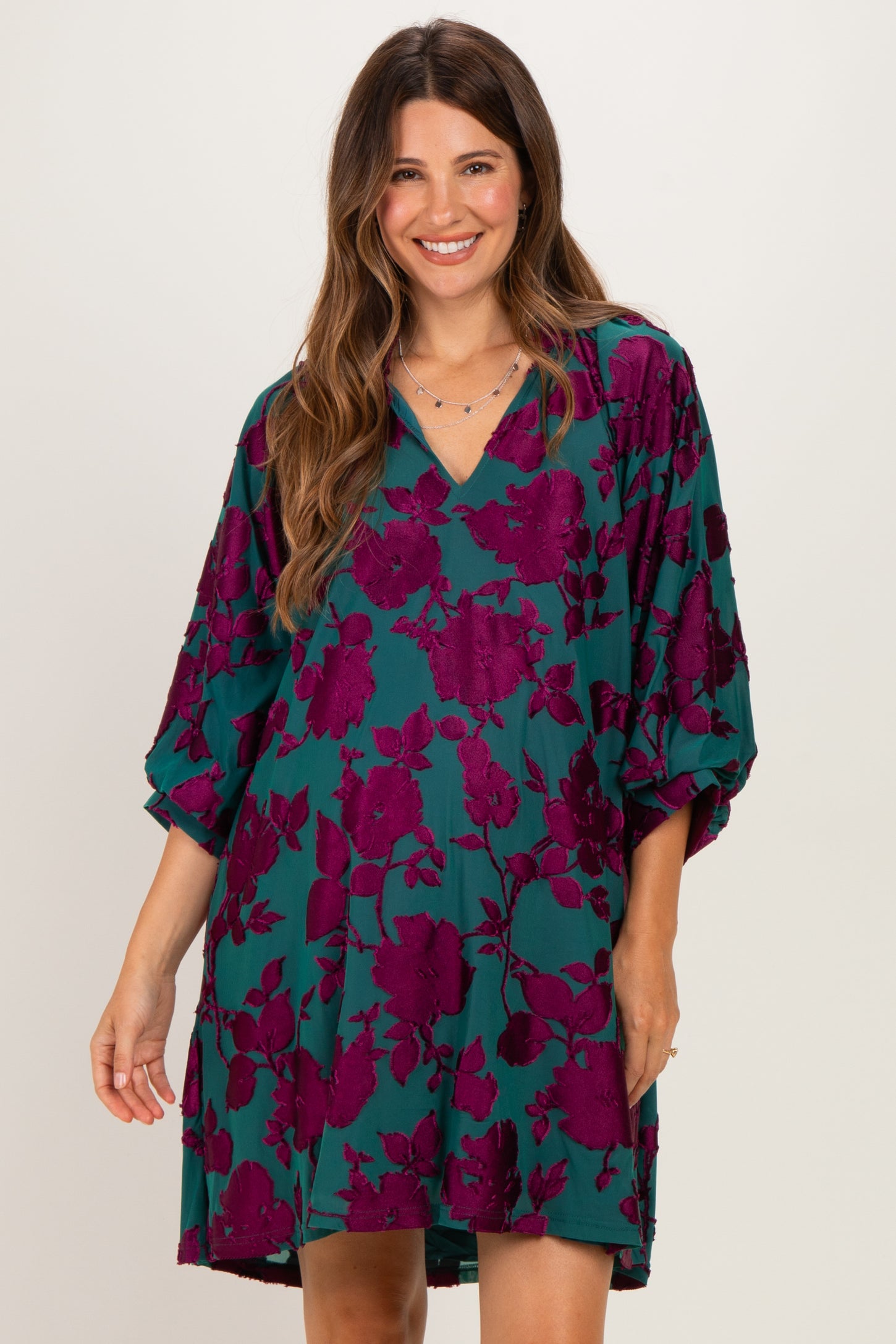 Teal Floral Velvet Maternity Dress