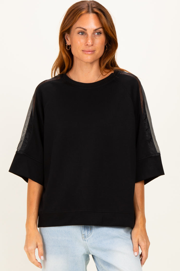 Black Mesh Shoulder Short Sleeve Maternity Top