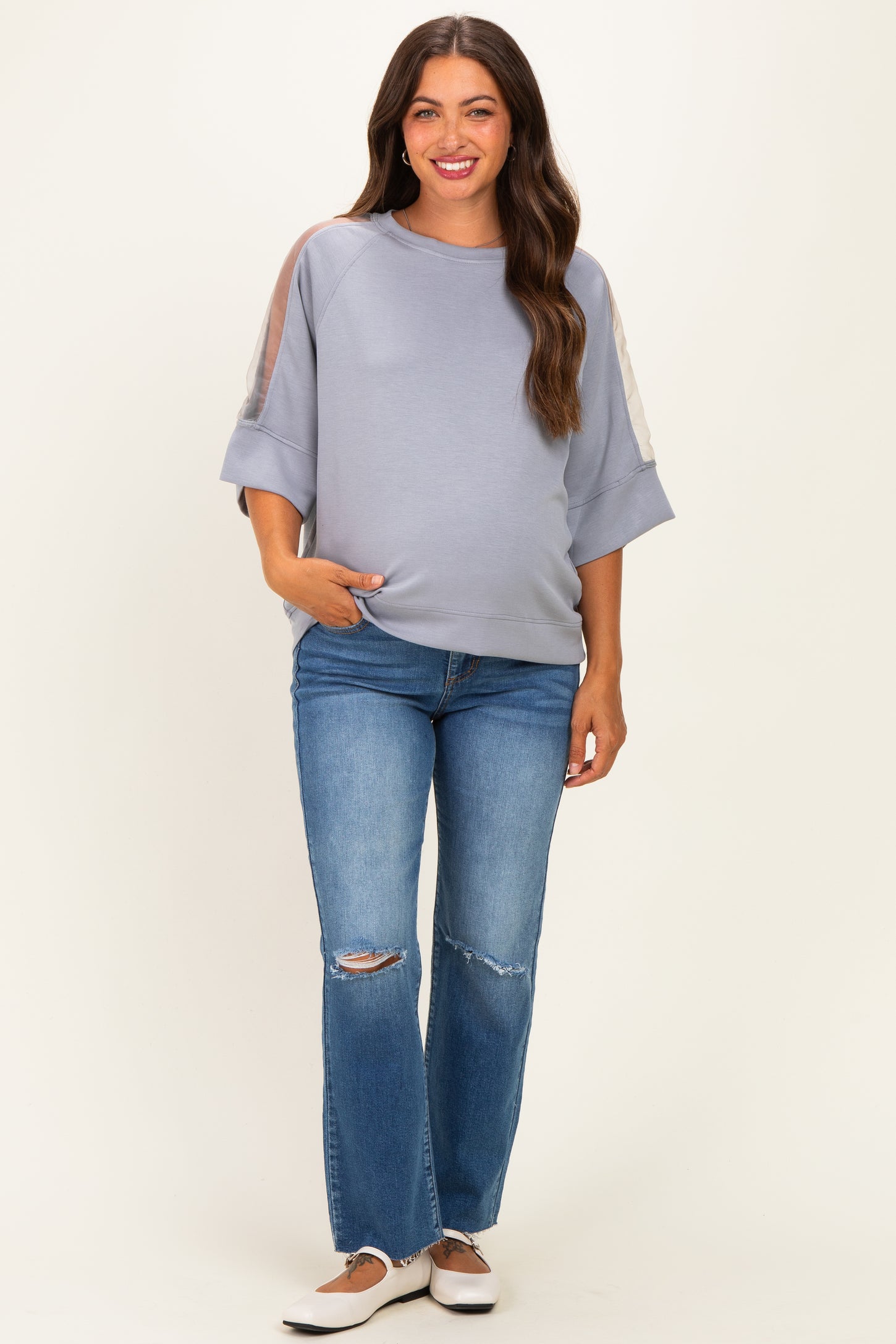 Grey Mesh Shoulder Short Sleeve Maternity Top