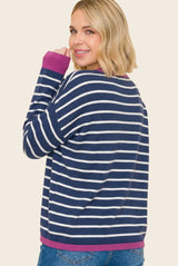 Navy Striped Contrast Trim Sweater