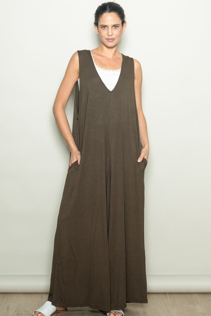 Dark Olive Deep V Sleeveless Wide Leg Maternity Jumpsuit