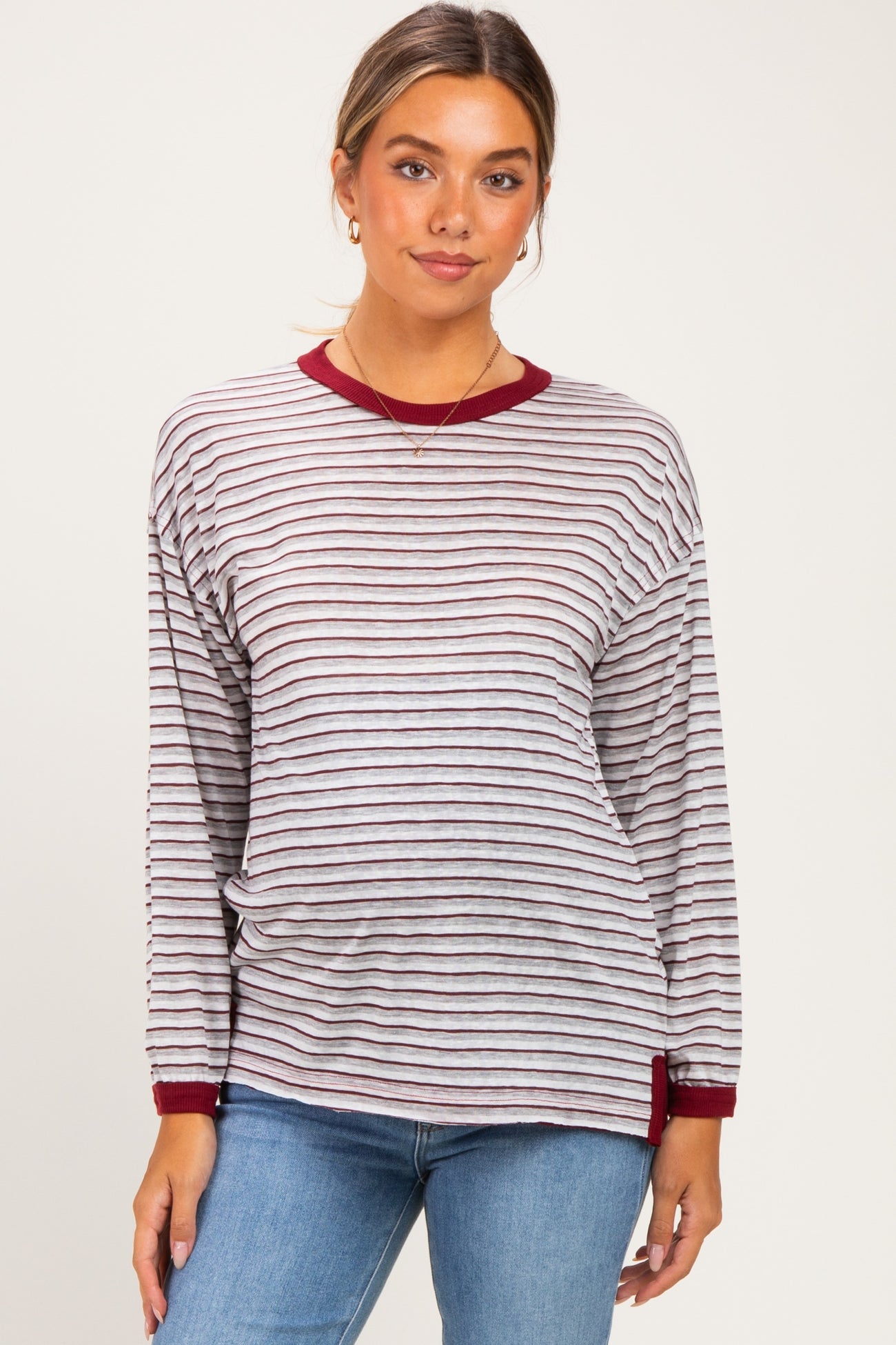 Grey Striped Slub Jersey Oversized Maternity Long Sleeve