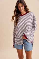 Grey Striped Slub Jersey Oversized Long Sleeve