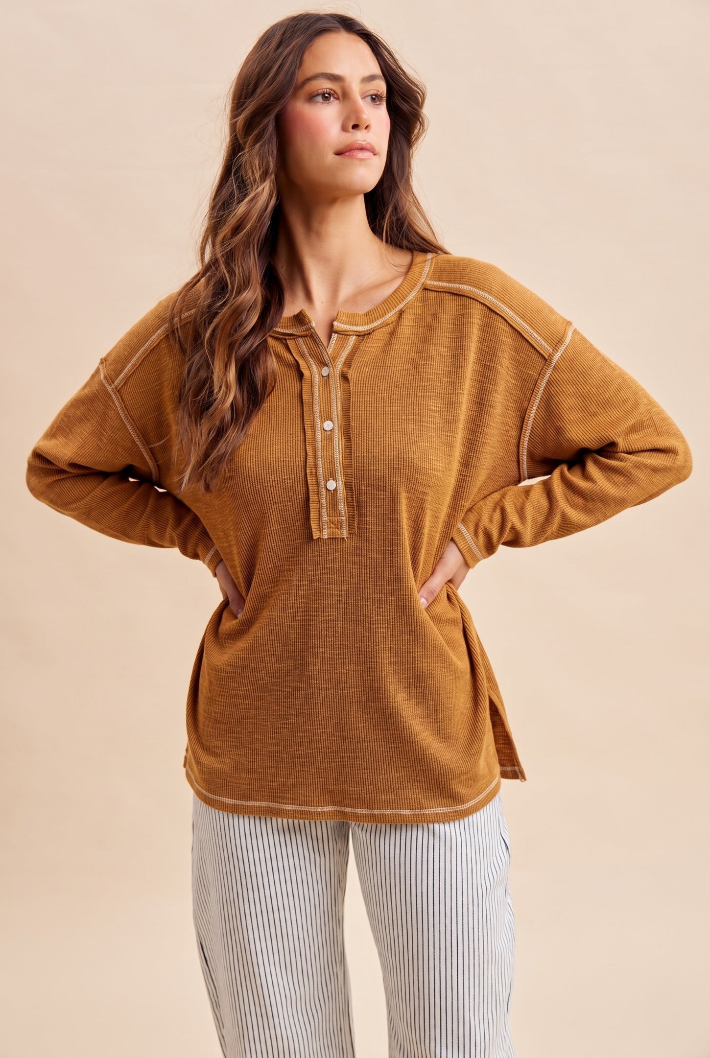 Burnt Camel Ribbed Jersey Oversized Maternity Henley