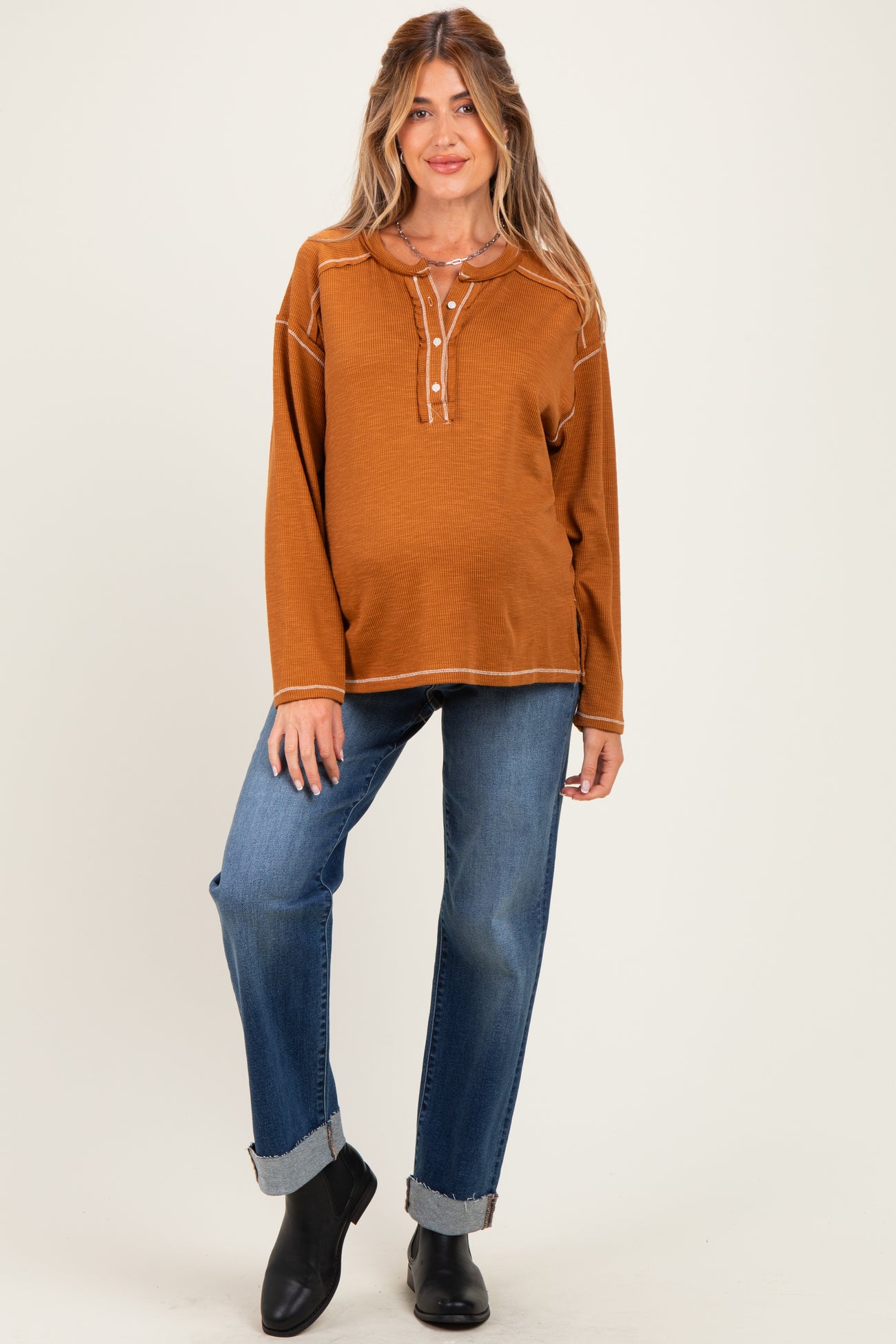 Burnt Camel Ribbed Jersey Oversized Maternity Henley