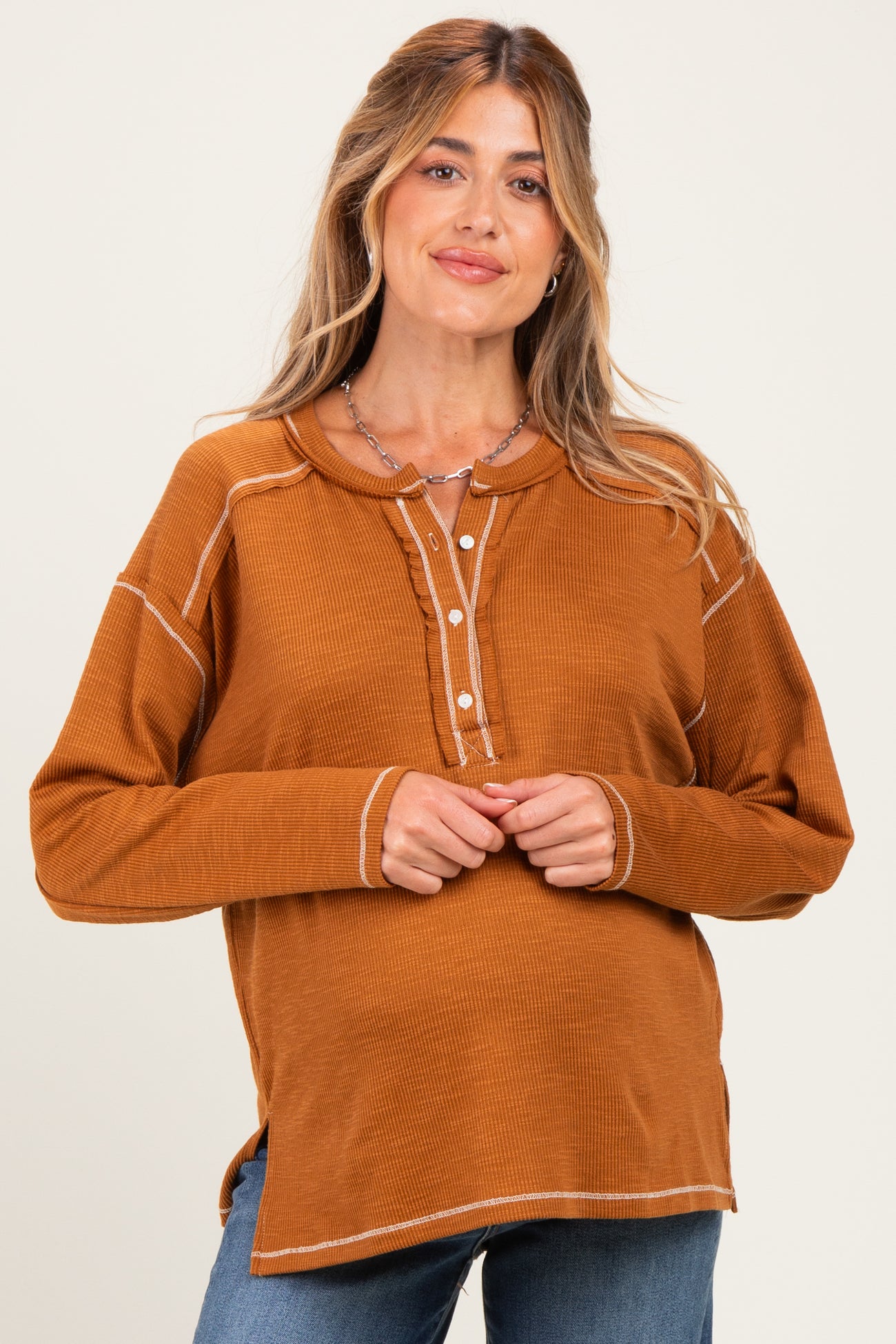 Burnt Camel Ribbed Jersey Oversized Maternity Henley