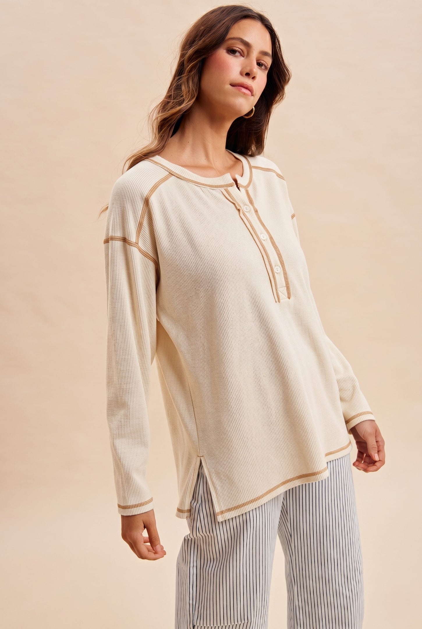 Ivory Ribbed Jersey Oversized Henley