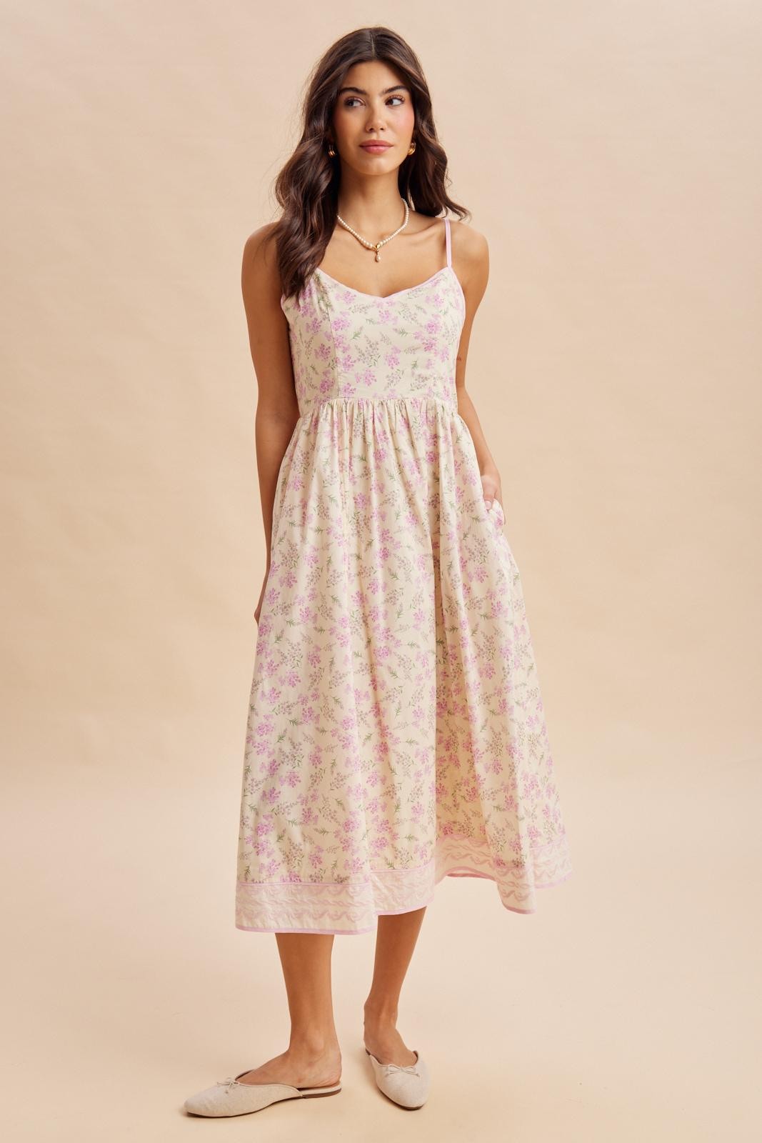Creme Peony Floral Embroidered Hem Midi Dress