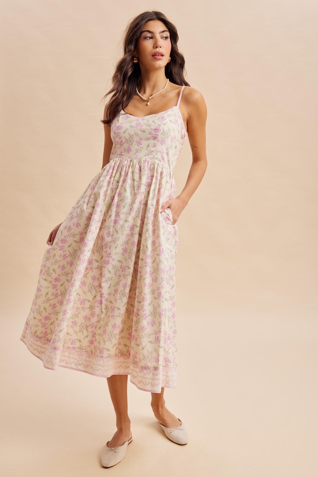 Creme Peony Floral Embroidered Hem Midi Dress