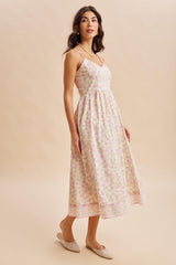 Creme Peony Floral Embroidered Hem Midi Dress