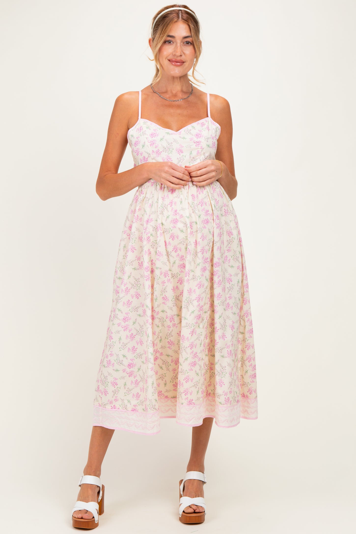 Creme Peony Floral Embroidered Hem Maternity Midi Dress