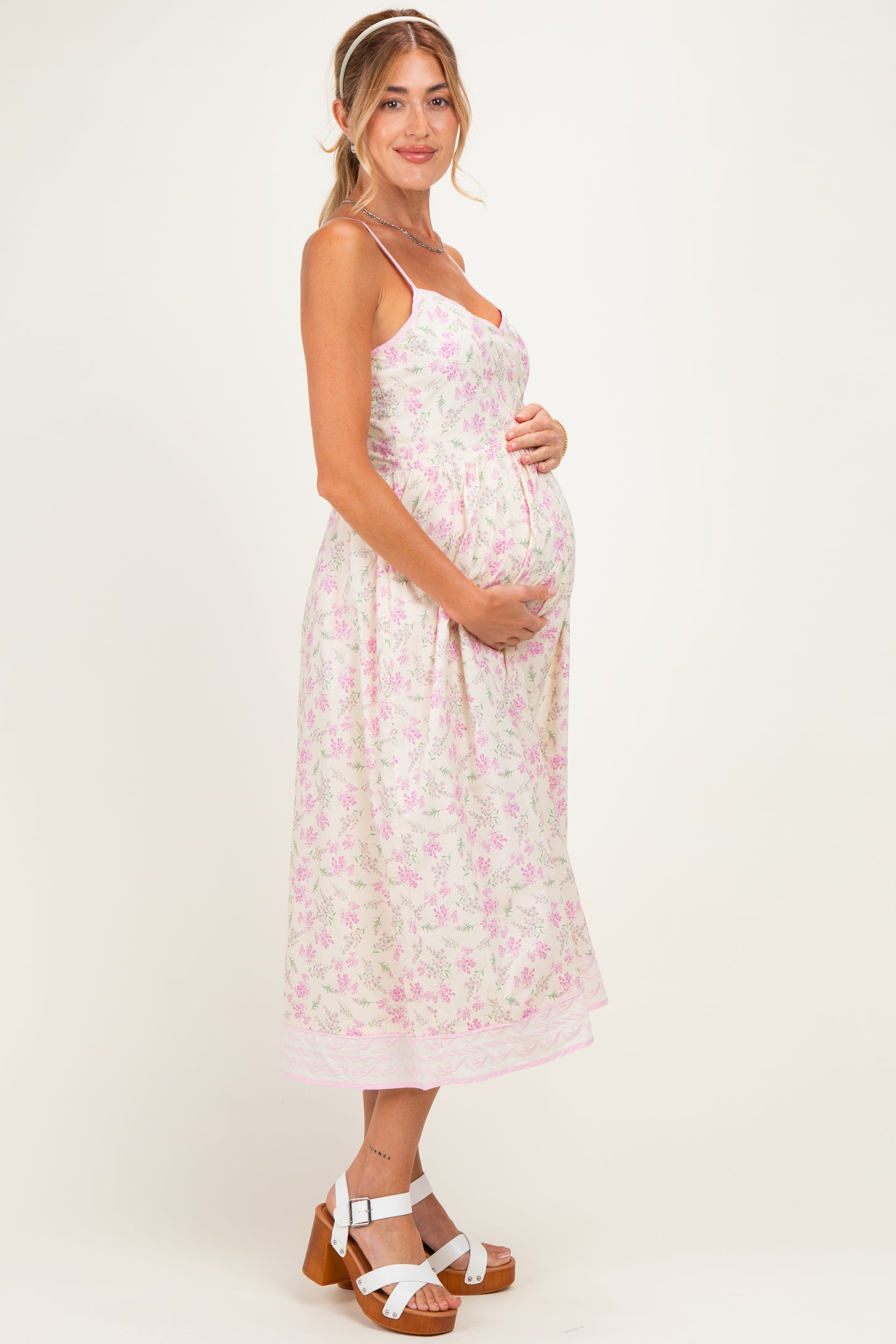 Creme Peony Floral Embroidered Hem Maternity Midi Dress