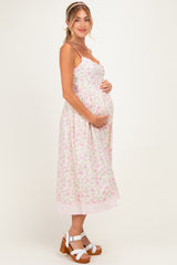 Creme Peony Floral Embroidered Hem Maternity Midi Dress