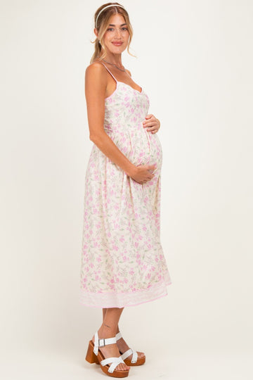 Creme Peony Floral Embroidered Hem Maternity Midi Dress