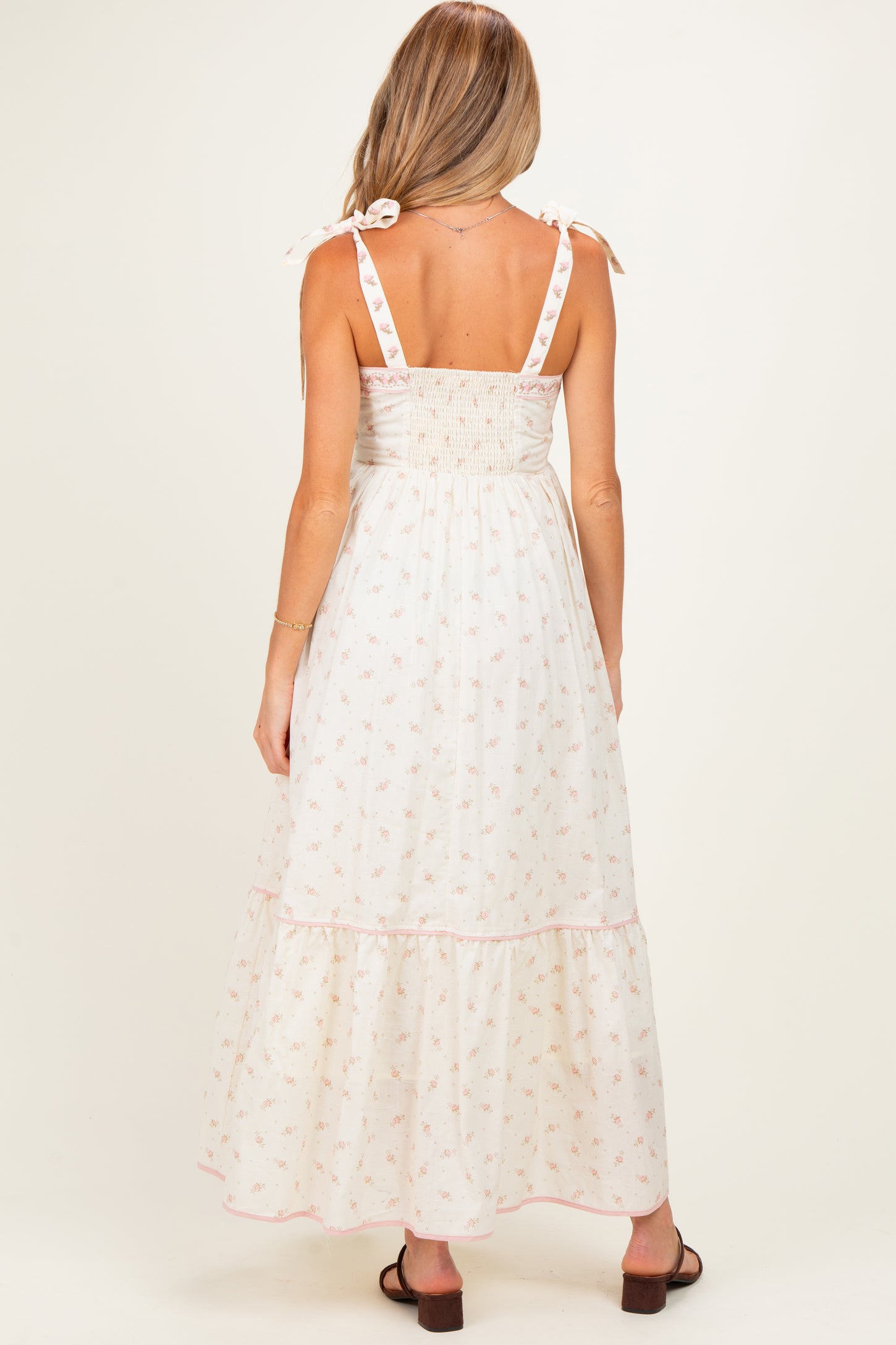 Creme Peony Floral Shoulder Tie Maternity Maxi Dress