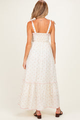 Creme Peony Floral Shoulder Tie Maternity Maxi Dress