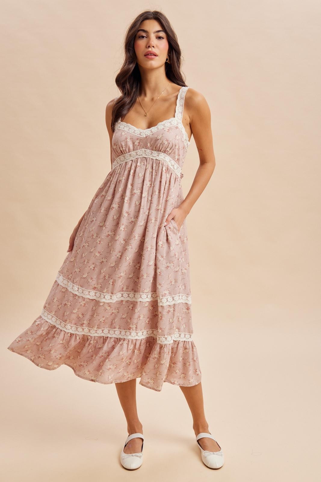dusty pink floral dress Lace Tie Back Midi Explore dreamy textures and SIZE:MED shirts Taylor's engagement dress was