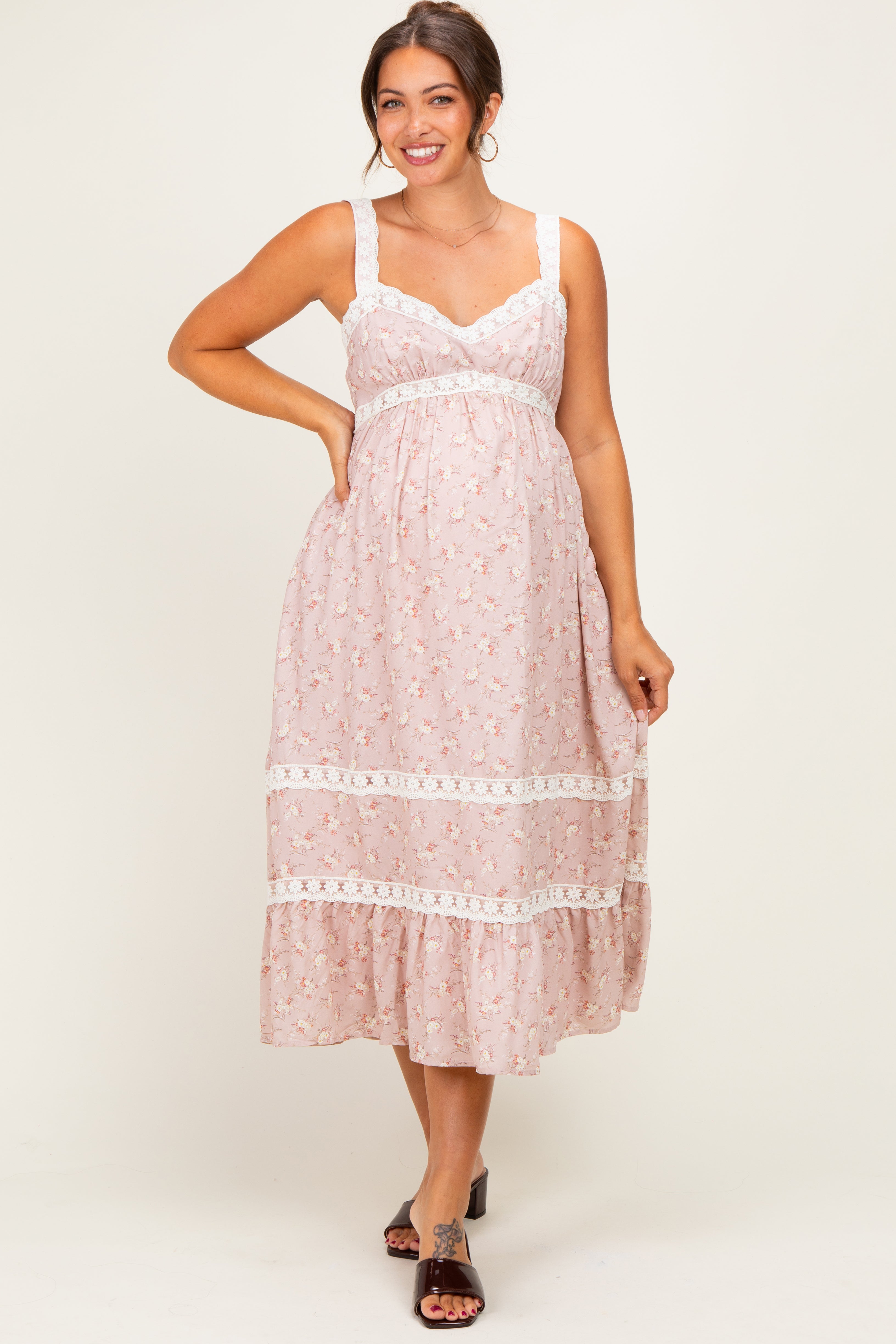 Dusty Pink Lace Floral Tie Back Maternity Midi Dress – PinkBlush