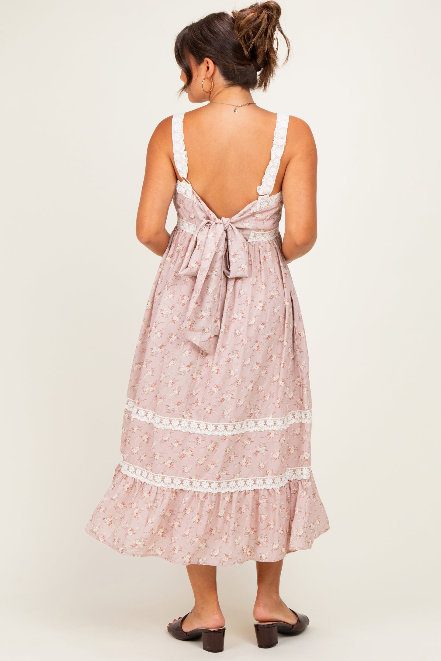dusty pink lace midi dress LONG SLEEVE MESH LACE MIDI DRESS IN PINK