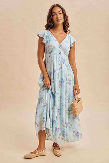 Blue Floral Button Down Maxi Dress