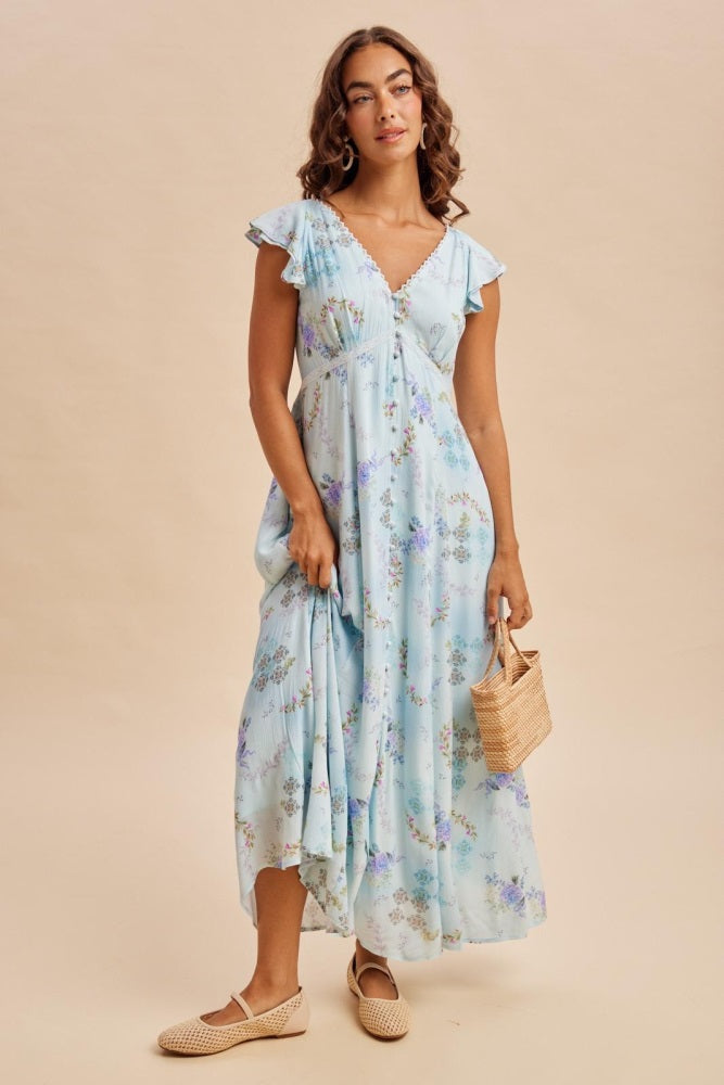 Blue Floral Button Down Maxi Dress