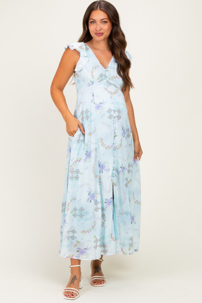 Blue Floral Button Down Maternity Maxi Dress