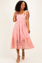 Pink Ribbon Strap Smocked Lace Midi Dress