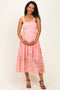 Pink Ribbon Strap Smocked Lace Maternity Midi Dress