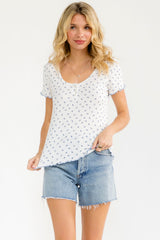Ivory Blue Ditsy Floral Lettuce Edge Maternity Henley Top