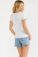 Ivory Blue Ditsy Floral Lettuce Edge Henley Top