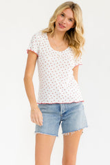 Ivory Red Ditsy Floral Lettuce Edge Maternity Henley Top