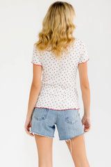 Ivory Red Ditsy Floral Lettuce Edge Henley Top